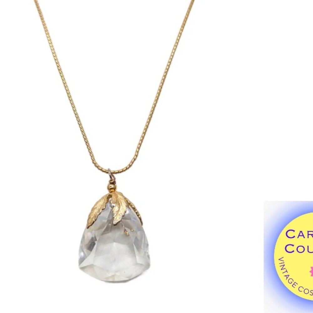 Vintage 1960s Signed Napier Goldtone Faceted Glass Pendant Necklace